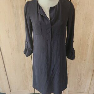 Atmosphere Black Roll Tab Sleeve Shift Dress Split Neck Chest Pockets Size 6